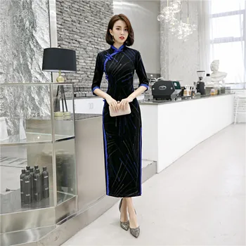 Blue Vintage Button Sexy Women Qipao Oriental Cheongsam Sexy Novelty Mandarin Collar Long Business Dress Flower Elegant Vestido 
Blue Vintage Button Sexy Women Qipao Oriental Cheongsam Sexy Novelty Mandarin Collar Long Business Dress Flower Elegant Vestido