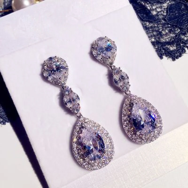 

Luxury long Water Drop earrings Pear Cut AAAAA 925 Sterling silver Party Wedding Dangle Earrings for women sapphire Gift