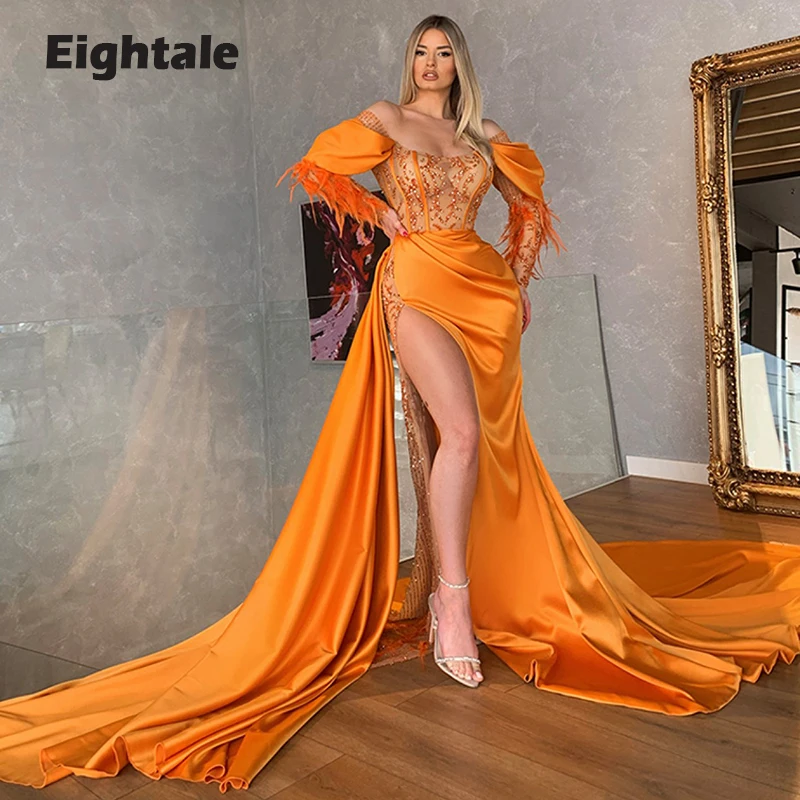 Eightale Arabic Evening Dresse Orange Scoop Beaded Rhinestones High Side Split Satin Long Sleeves Feather Prom Gown Party Dress
Eightale Arabic Evening Dresse Orange Scoop Beaded Rhinestones High Side Split Satin Long Sleeves Feather Prom Gown Party Dress