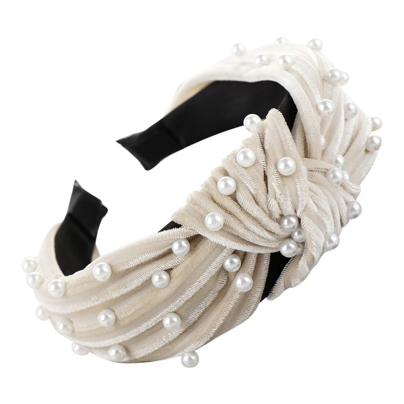Bohemian Pearl Velvet Braided Headband For Women Rhinestone Knot Hairband Turban Handmade Padded Crown Accessories 1111
