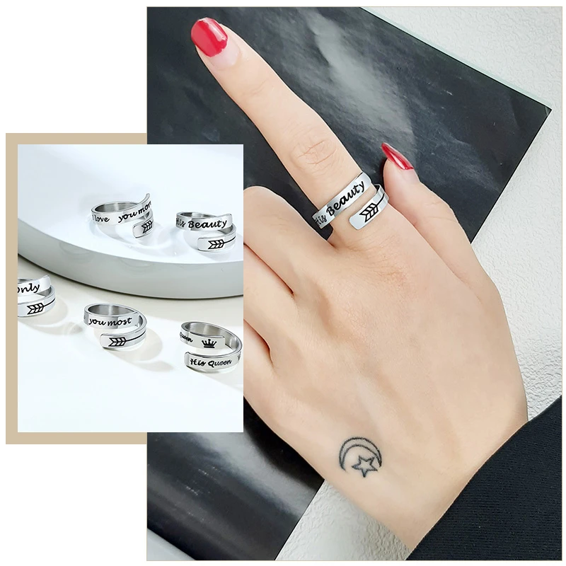 Women Trendy Personalized Engrave His Beauty Queen Only Love Info Rings Size Adjustable Stainless Steel Metal Custom Jewelry
Women Trendy Personalized Engrave His Beauty Queen Only Love Info Rings Size Adjustable Stainless Steel Metal Custom Jewelry
