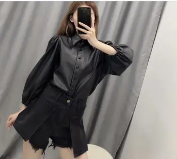 women chic pu leather black blouse buttons lantern sleeve office wear female elegant shirt solid top blusas LB423
women chic pu leather black blouse buttons lantern sleeve office wear female elegant shirt solid top blusas LB423