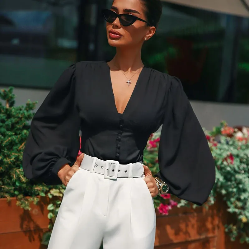 Deep V Autumn Women's Blouse Single Breasted Slim Lantern Sleeve Waist Solid Color Shirt
Deep V Autumn Women's Blouse Single Breasted Slim Lantern Sleeve Waist Solid Color Shirt
