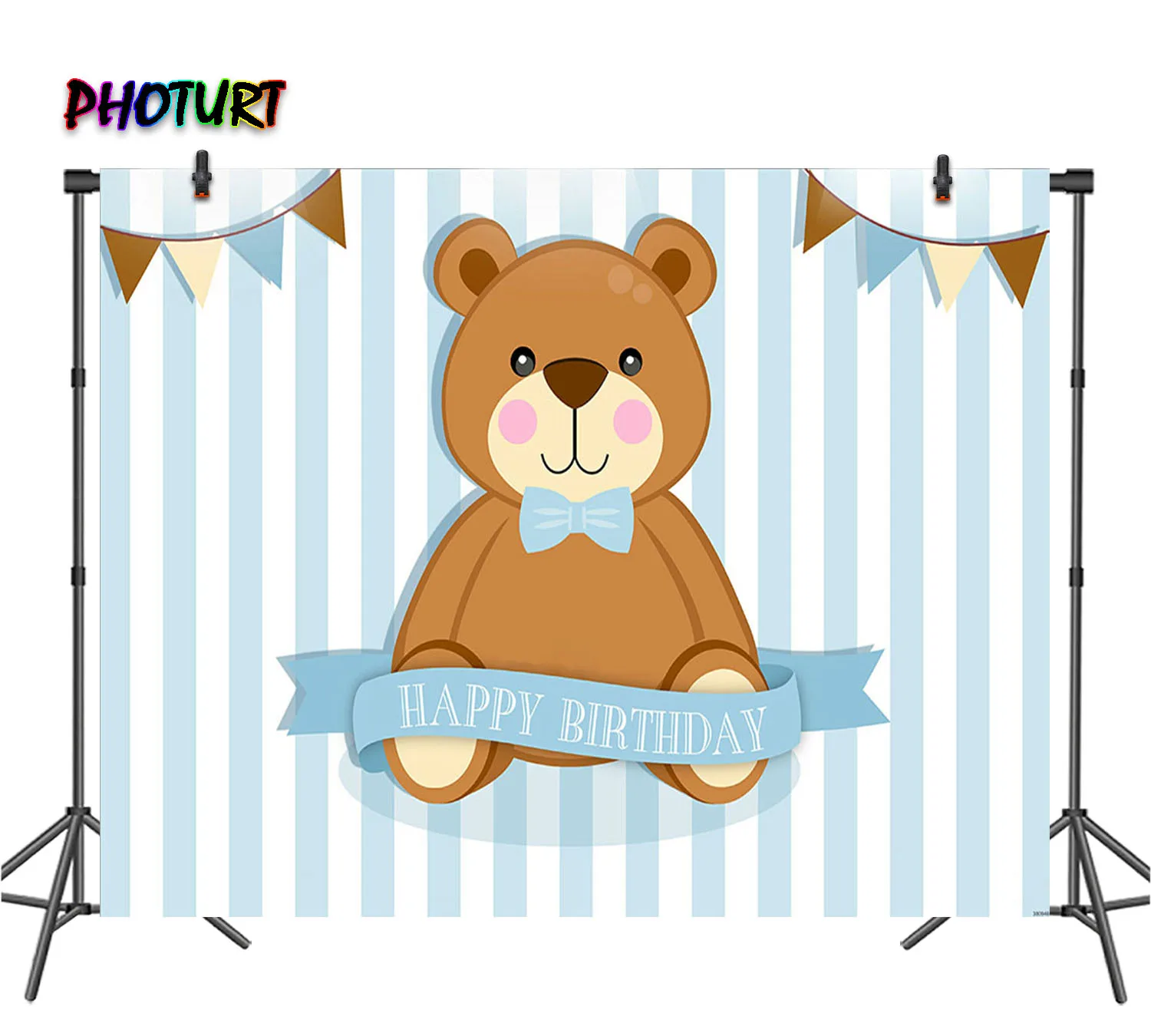 

PHOTURT Toy Bear Photography Backdrop Kid Birthday Baby Shower Background Grey Blue Stripes Vinyl Polyester Photo Booth Props