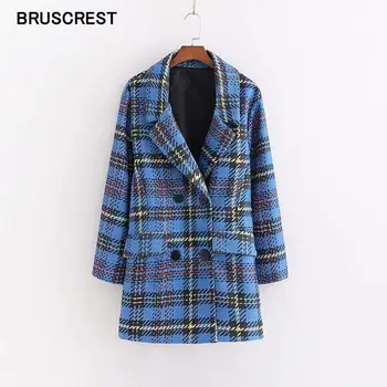 

Vintage houndstooth plaid women blazers and jackets elegant tweed long sleeve coat streetwear blue blaser feminino
