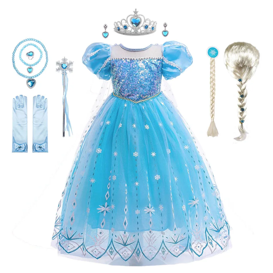 

Halloween Sequins Elsa Cosplay Costumes for Girls Snowflack Pattern Puff SleeveLong Dress with Cloak Children Christmas Frock