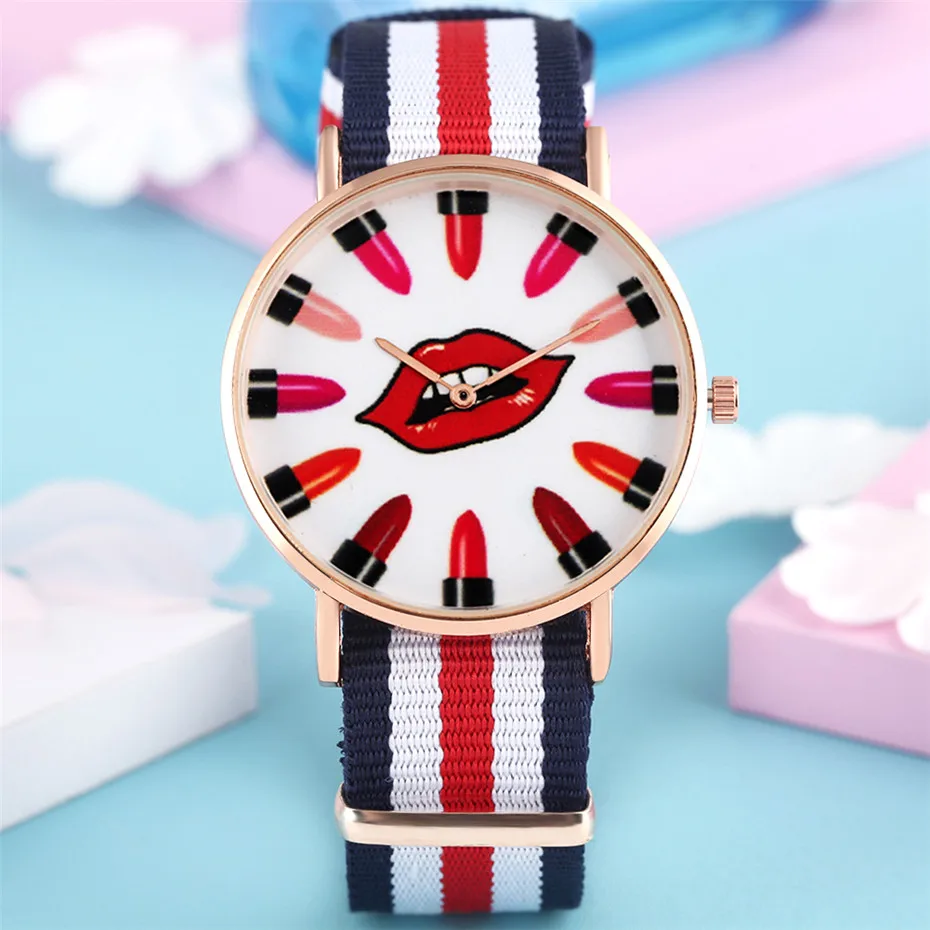 Women's Watch Unique Colorful Lips Design Lady Quartz Timepiece Nylon Watchband Pin Buckle Female Wristwatches montre femme
Women's Watch Unique Colorful Lips Design Lady Quartz Timepiece Nylon Watchband Pin Buckle Female Wristwatches montre femme