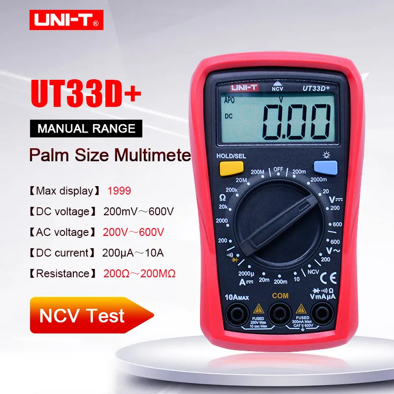 UNI-T UT33D+ Handheld digital Multimeter DC AC Voltage DC current Tester Resistance Diode test Voltmeter Ammeter Ohmmeter NCV
UNI-T UT33D+ Handheld digital Multimeter DC AC Voltage DC current Tester Resistance Diode test Voltmeter Ammeter Ohmmeter NCV