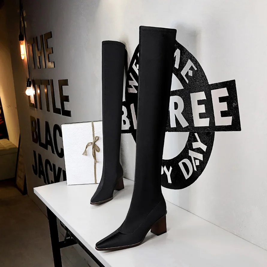 

BIGTREE Stretch Thigh High Boots Sexy Elastic Slim Over the Knee Boots Women's Fashion High Heels Black Fetish Long Shoes