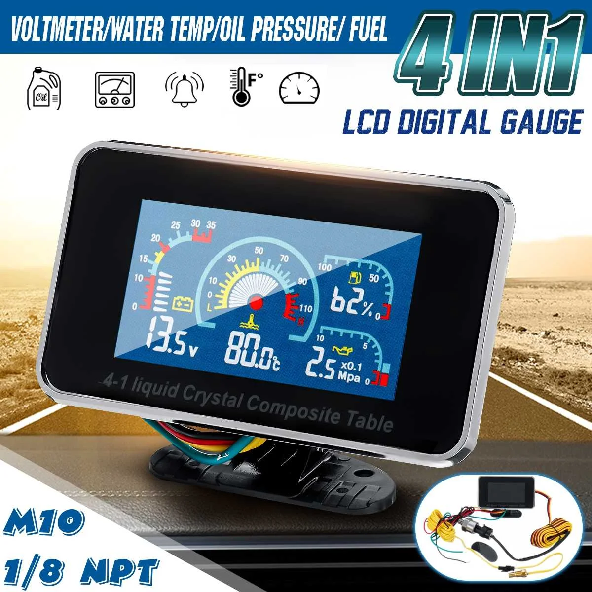 4 In 1 LCD Car Digital ALARM Gauge Pressure Voltmeter Volt Water Temperature Oil Pressure Fuel Gauge Temperature Sensor 12v/24v
4 In 1 LCD Car Digital ALARM Gauge Pressure Voltmeter Volt Water Temperature Oil Pressure Fuel Gauge Temperature Sensor 12v/24v