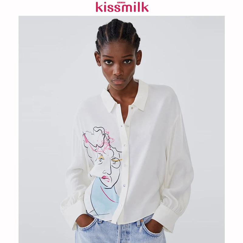 KISSMILK 2020 Design Lapel Character Print White Plus Size Long Sleeve Pleated Loose Printed Shirt |