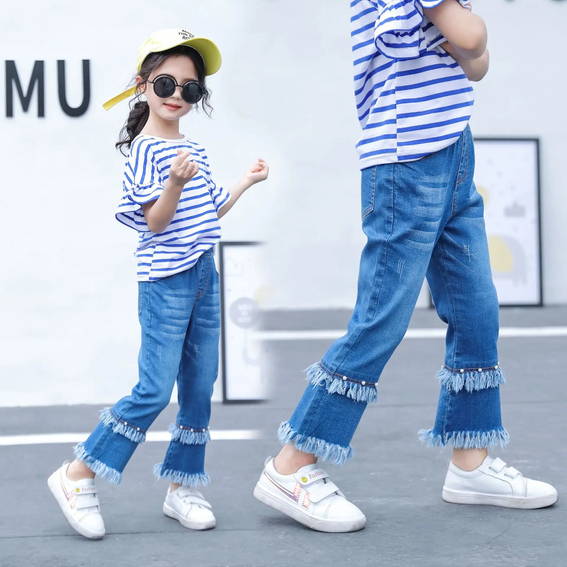

2020 New Spring Autumn Item Girl Sports Jeans Pant Casual Denim Trousers with waistband with Beading and Tassel