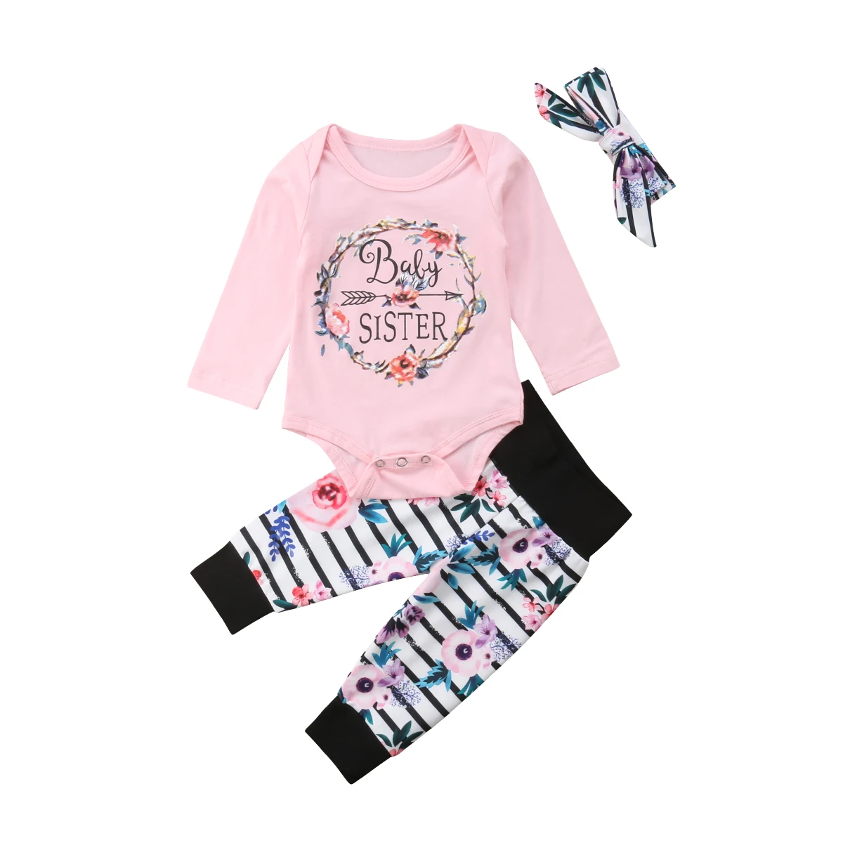 2020 New Fall Autumn 0-18M Baby Girl 3Pcs Set BABY SISTER Floral Arrow Letter Print Long Sleeve Pink Bodysuit+Striped Pants+Bow
2020 New Fall Autumn 0-18M Baby Girl 3Pcs Set BABY SISTER Floral Arrow Letter Print Long Sleeve Pink Bodysuit+Striped Pants+Bow