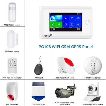 PG106 3G2G GSM WiFi Home Alarm System DIY Kit Solar Siren IP Camera Support App Control RFID card Outdoor camera Smoke Sensor
PG106 3G2G GSM WiFi Home Alarm System DIY Kit Solar Siren IP Camera Support App Control RFID card Outdoor camera Smoke Sensor