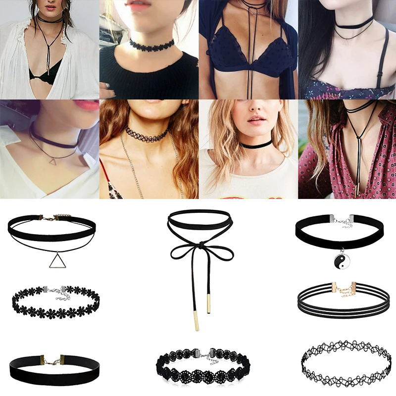 8Pcs/set Sexy Black Gothic Punk Velvet Tattoo Lace Choker Necklace Long Pendant Jewelry Women Collar Chocker | Украшения и