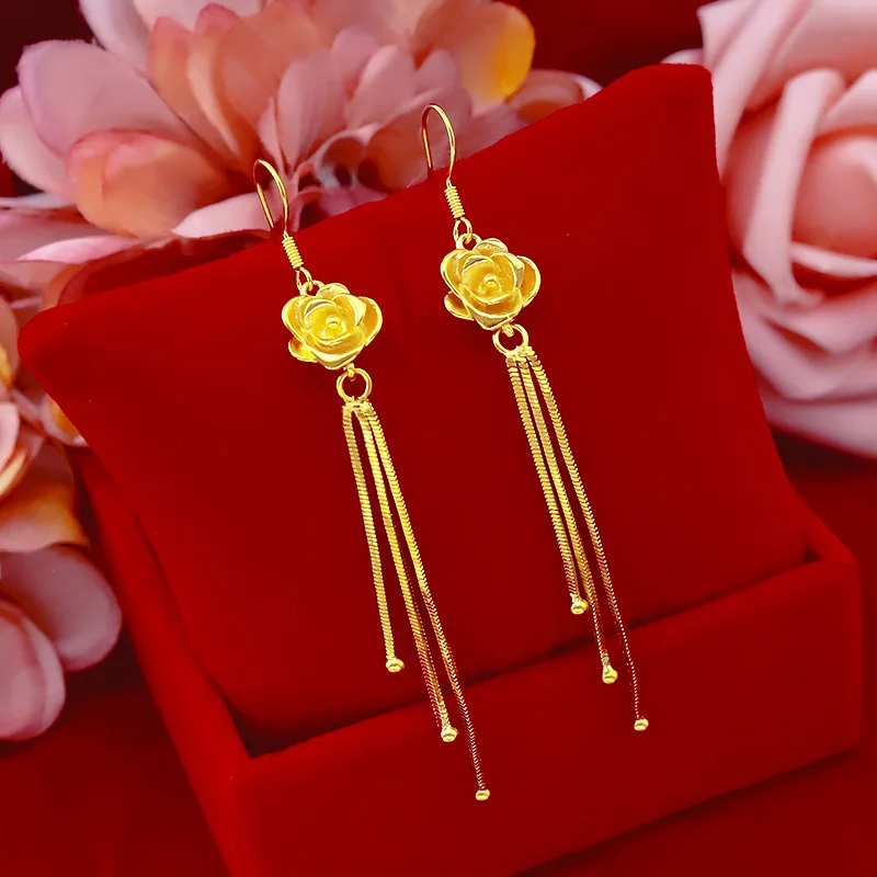 Korea Fashion Women Earring 24K Gold Drop Earrings with Long Tassel Ear Clip Yellow Gold Rose Flowers Earrings Female Birthday
Korea Fashion Women Earring 24K Gold Drop Earrings with Long Tassel Ear Clip Yellow Gold Rose Flowers Earrings Female Birthday