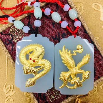 

Send A-level certificate Large section of natural Hetian white jade inlaid 24K gold dragon and phoenix pair pendant with handmad