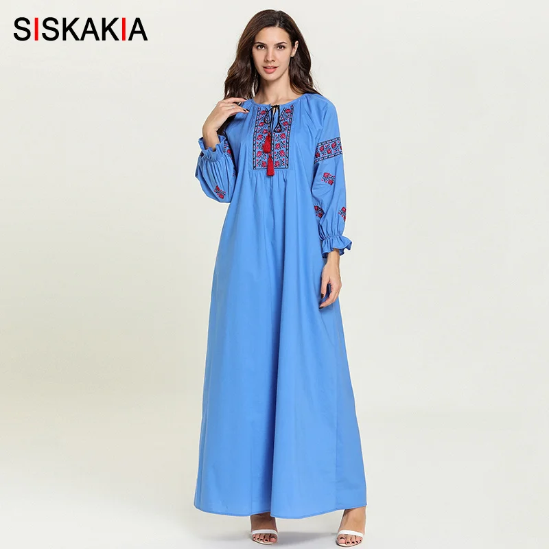 

Siskakia Ethnic Geometric Floral Embroidery Long Dress Blue Plus Size Full Sleeve Dresses Autumn 2019 New Arrival Arabian Wears