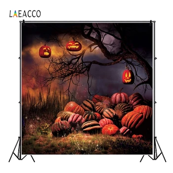 Laeacco Forest Trees Pumpkin Light Grassland Autumn Portrait Halloween Photophone Photography Backdrops Photographic Backgrounds
