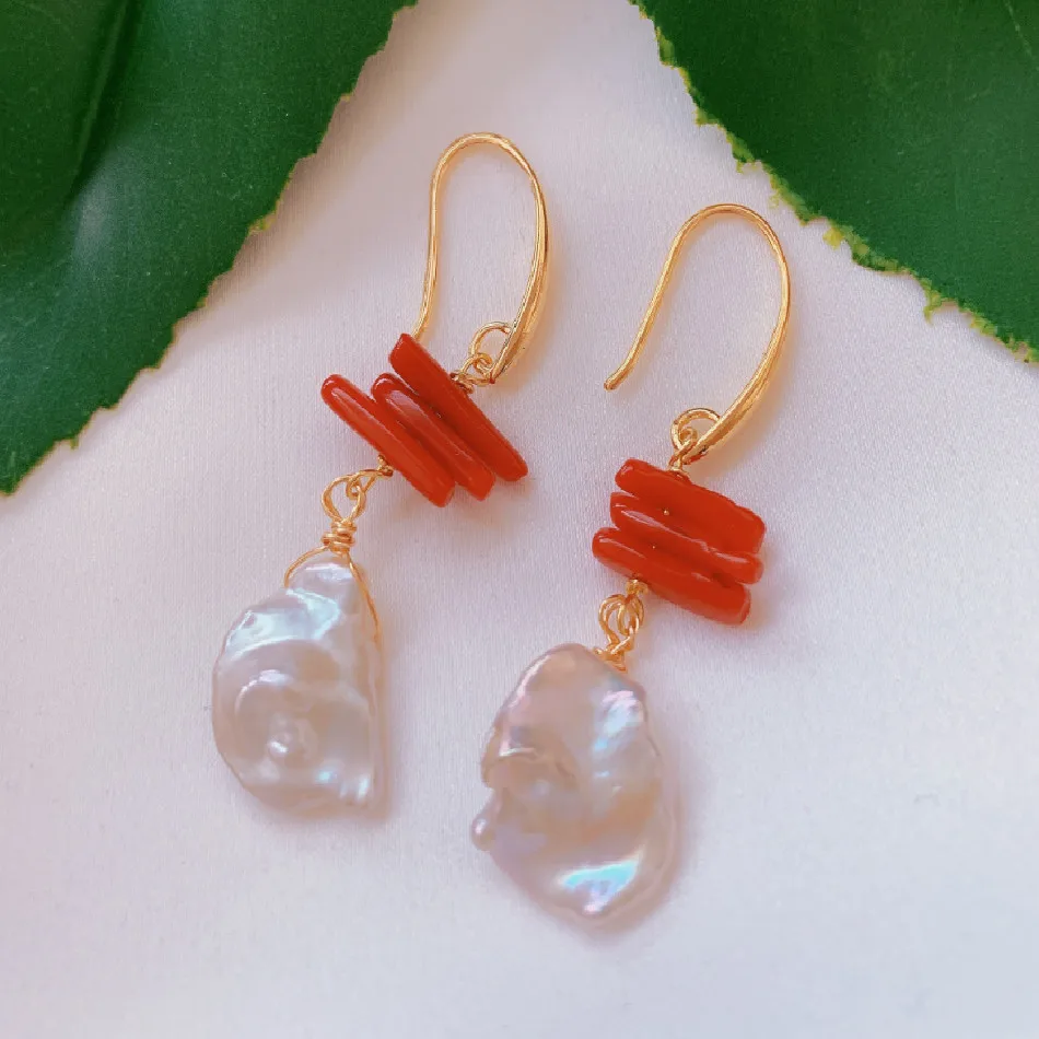 

White baroque pearl Red Coral earrings 18KGB Holiday gifts Dangle Cultured Fashion Gift Party