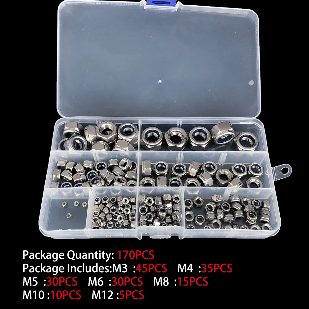 170Pcs/set M3 M4 M5 M6 M8 M10 M12 Hex Hexagon Nylon Insert Lock Nut Self–locking Nylock Locknut
170Pcs/set M3 M4 M5 M6 M8 M10 M12 Hex Hexagon Nylon Insert Lock Nut Self–locking Nylock Locknut