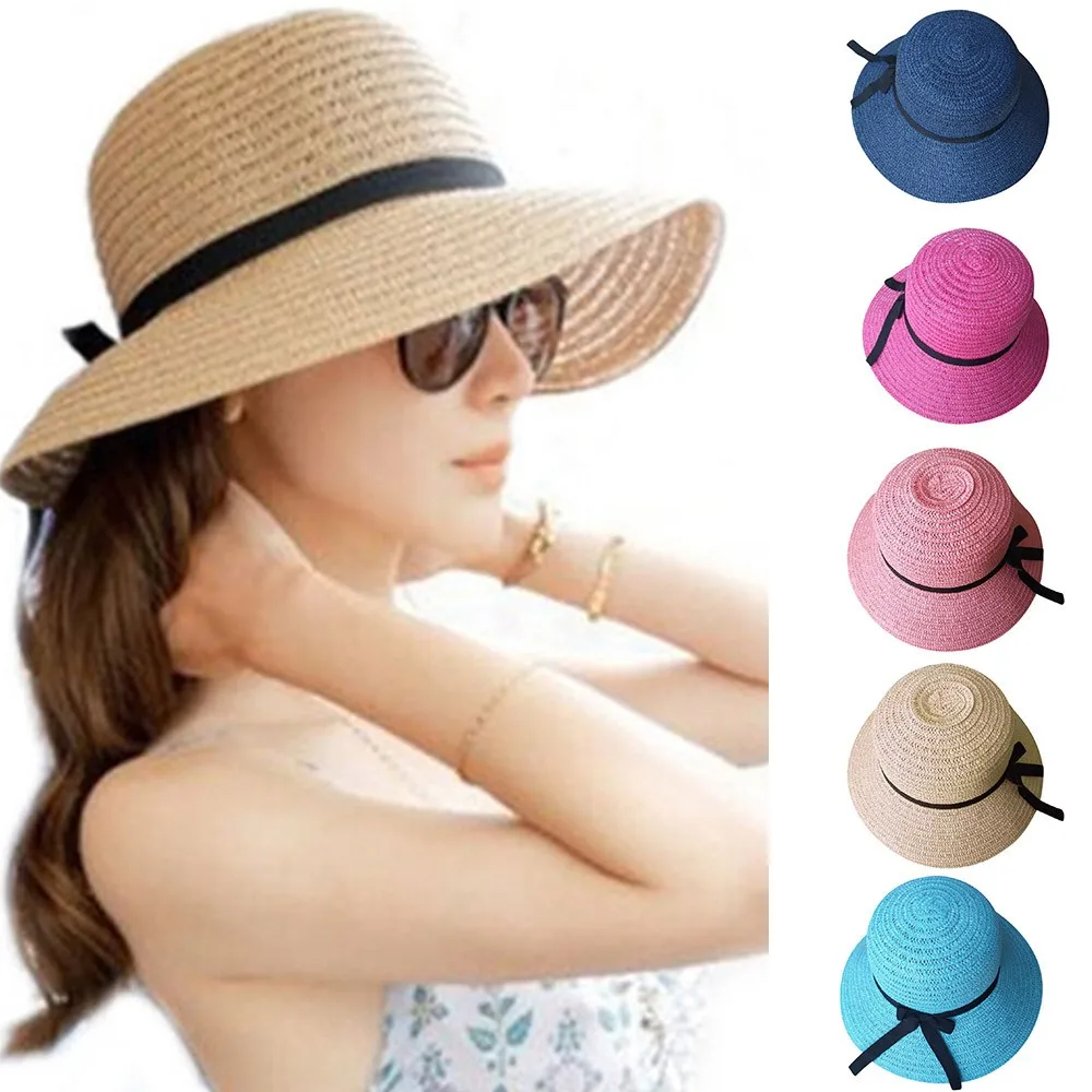 Women Straw Beach Sun SummerHat Beige Wide Brim Brimmed Floppy Foldable Ladies chapeu Summer Hawaiian Fashion Hat #L20 | Аксессуары для