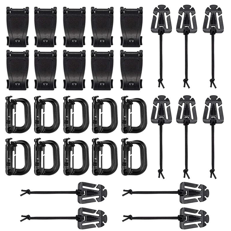 

Kit of 30 Attachments for Molle Bag Tactical Backpack Vest Belt D-Ring Grimloc Locking Gear Clip Web Dominator Elastic Strings