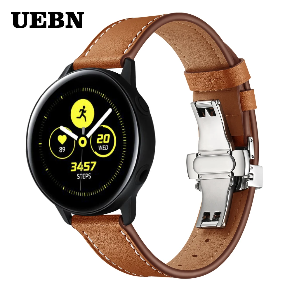 UEBN серебряная застежка-бабочка кожаный ремешок для Samsung Active 2 40 мм 44 SM-R820 R830 R500 R600