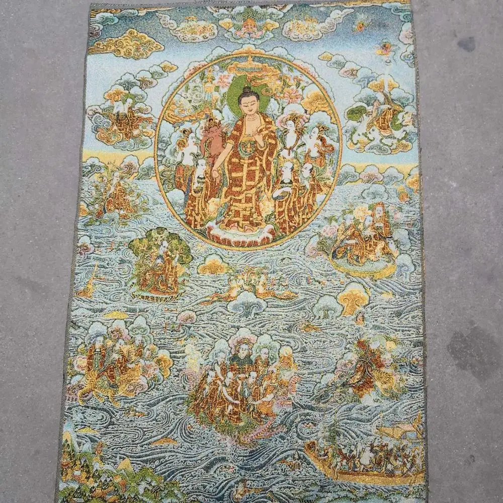 

35"Thangka embroidery Tibetan Buddhism silk Embroidery brocade Nepal Da Ri Tathagata Buddha Old scriptures Thangka