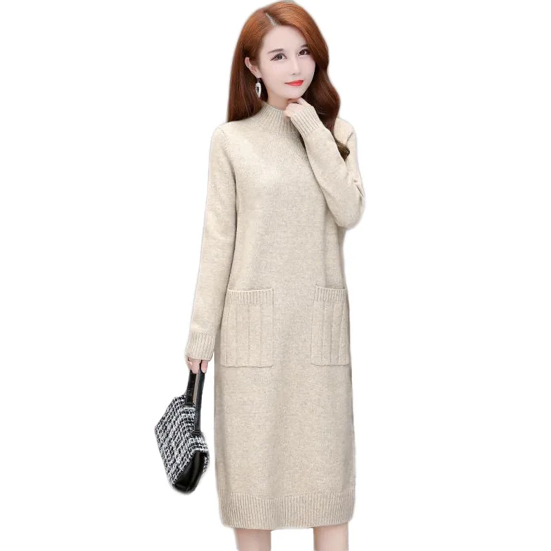 Women knitted dress beige 2020 autumn winter new Korean fashion slim long sleeve knee-length bottoming dresses feminina LD1432
Women knitted dress beige 2020 autumn winter new Korean fashion slim long sleeve knee-length bottoming dresses feminina LD1432