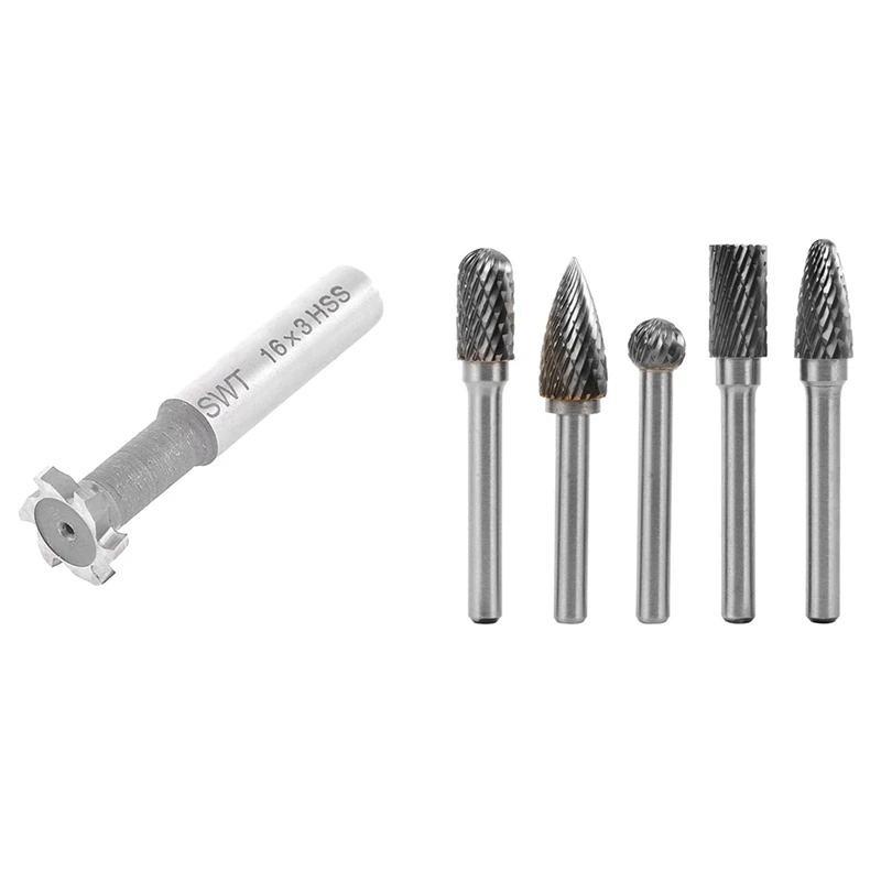 1x HSS 6 Flutes T Slot Cutter End Milling Cutter Tool 16Xm Gray + Silver & 5X Tungsten Carbide Rotary Cutting Burr Set
1x HSS 6 Flutes T Slot Cutter End Milling Cutter Tool 16Xm Gray + Silver & 5X Tungsten Carbide Rotary Cutting Burr Set