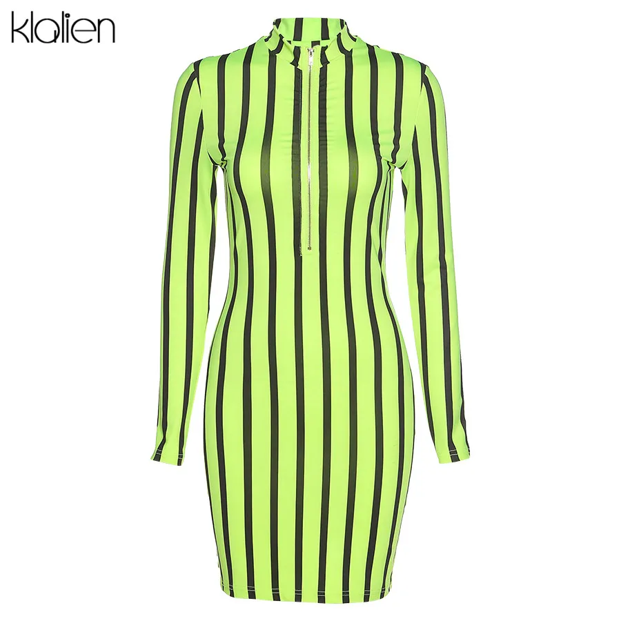 KLALIEN spring fall long sleeve turtleneck zipper fashion casual dress women high street striped mini bodycon dress 2020 new