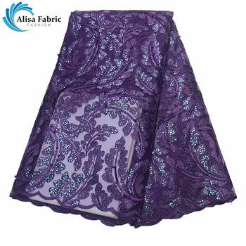 Alisa New Arrived African Net Lace Fabrics With Sequins 5 Yards/pcs High Quality Embroidery Lace Fabrics With Beads For Party