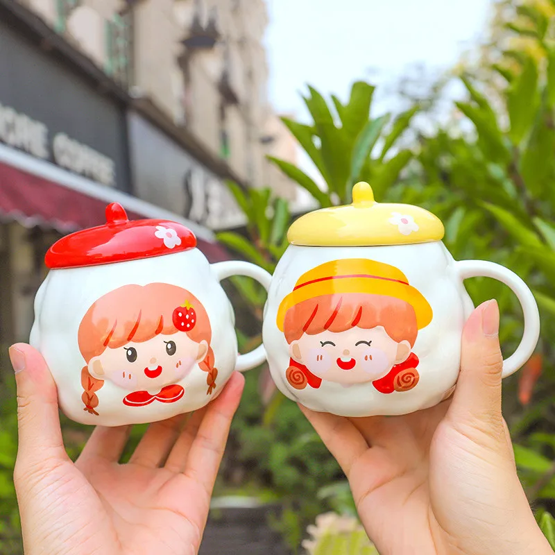 

Cute Korean Style Ceramic Mugs with Lid Cartoon Creative Little Girl Mug Milk Coffee Tea Unique Porcelain Cups For Women