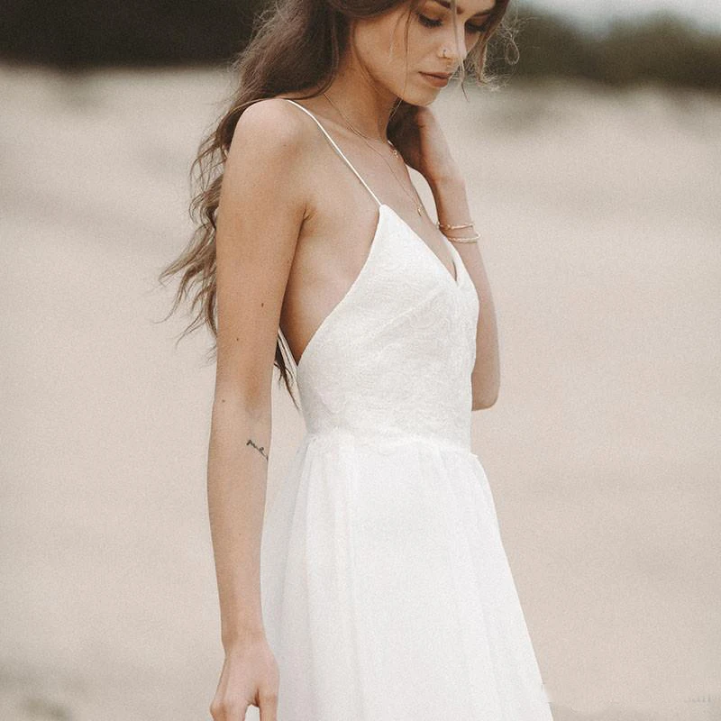 Backless Beach Wedding Dress Spaghetti Strap Boho V Neck Open Back bridal dresses 2020 Chiffon High Split Lace top Wedding Gown (8)