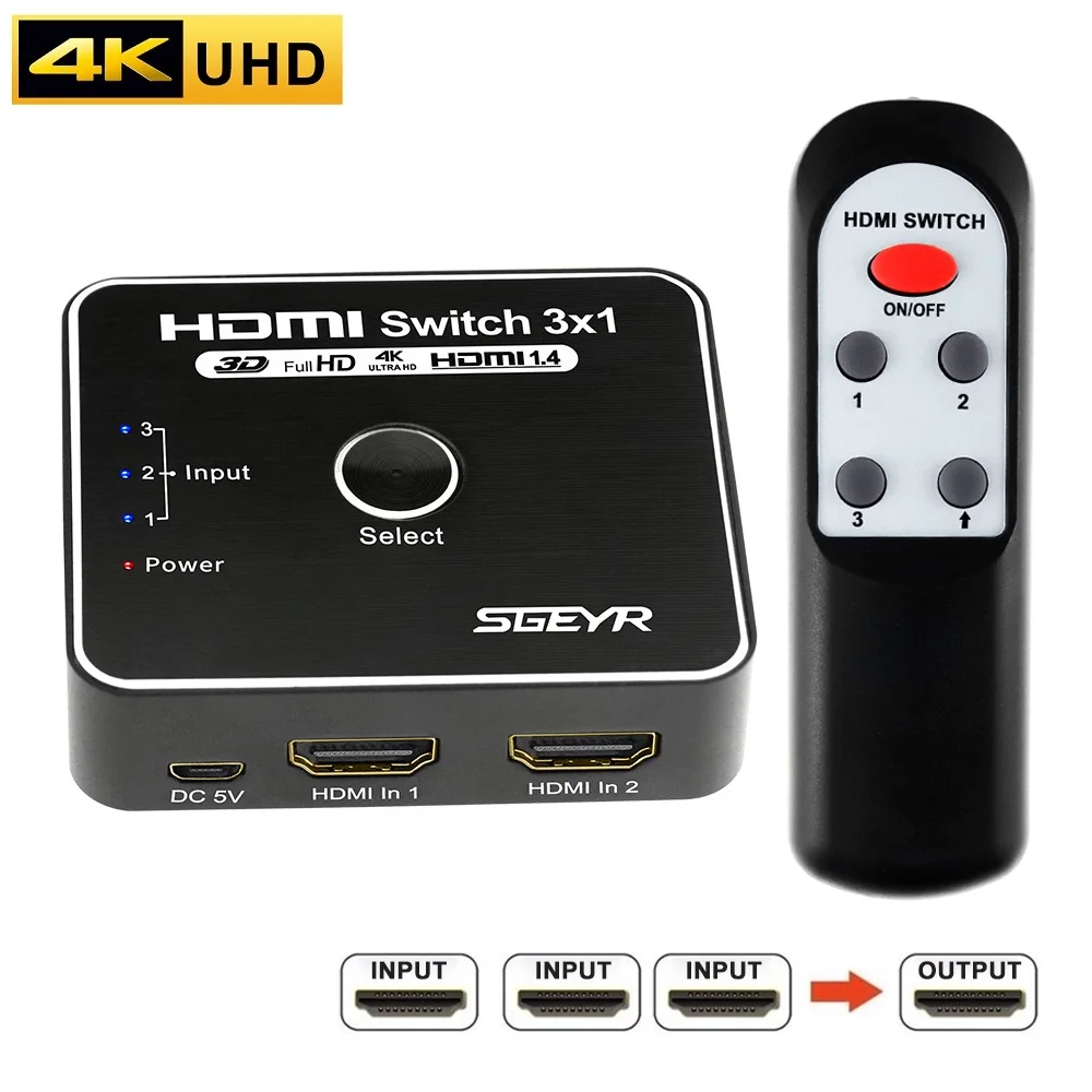 Видеопереключатель HDMI 4K SGEYR 3 входа 1 выход 4 поддержка 3D HD 1080P с ИК-пультом