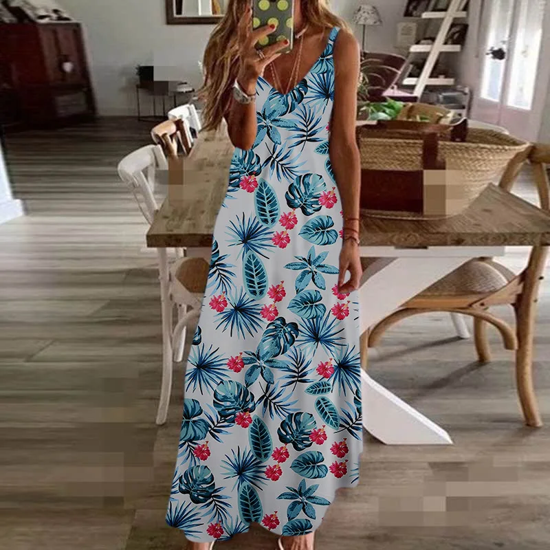 Sexy Maxi Dresses For Women Boho Print V-Neck Floral Sundresses Women Sleeveless Plus Size Dresses For Women 4xl 5xl Summer 2020