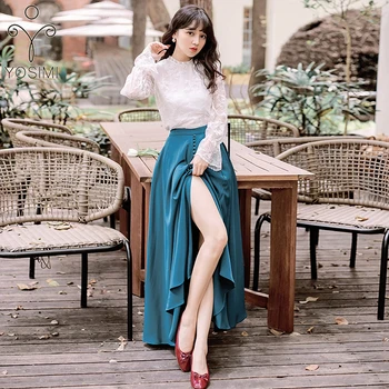 YOSIMI Women Skirt and Top Set 2 Piece Set Suit Full Sleeve White Lace Shirt O-Neck Blouse and Silk Skirt Blue Women Dress 2019 
YOSIMI Women Skirt and Top Set 2 Piece Set Suit Full Sleeve White Lace Shirt O-Neck Blouse and Silk Skirt Blue Women Dress 2019