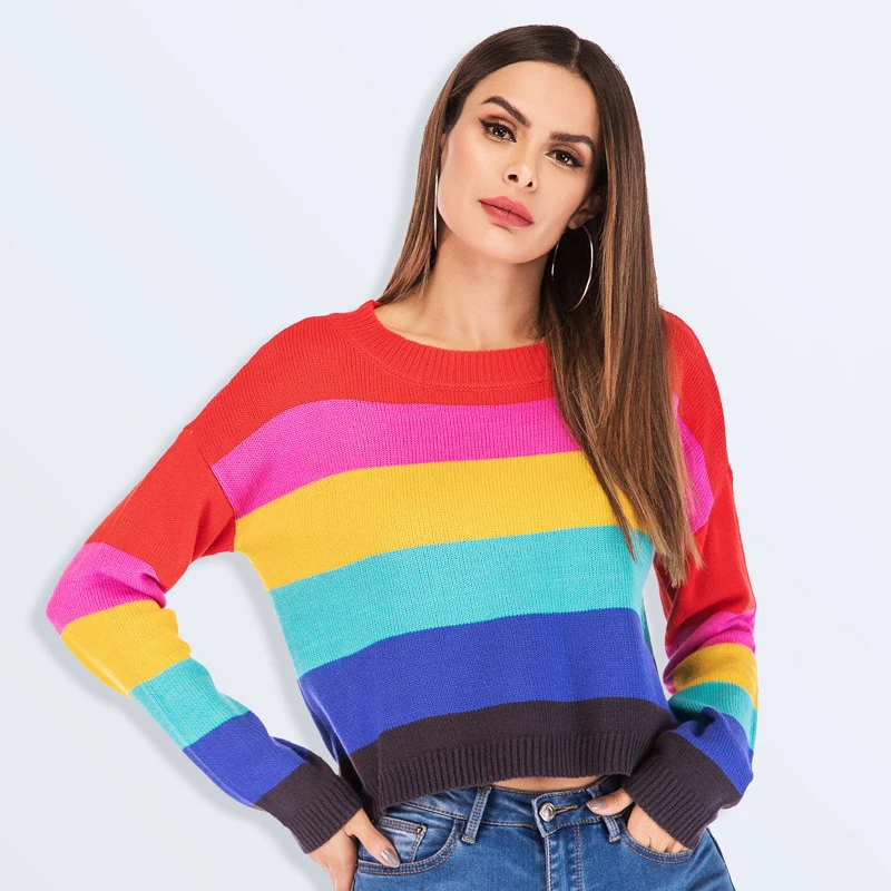 2019 Autumn New Women Clothing Fashion Loose Sweaters Female Rainbow Striped Long-sleeved Sweaters Casual Colorful Daily Shirts
2019 Autumn New Women Clothing Fashion Loose Sweaters Female Rainbow Striped Long-sleeved Sweaters Casual Colorful Daily Shirts
