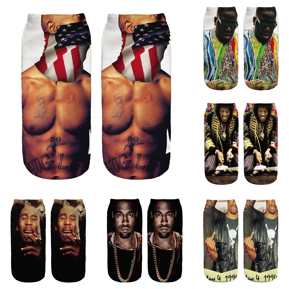 Новинка 2021 модные носки 2pac Tupac и Bob Marley милые хлопковые по щиколотку с 3D принтом