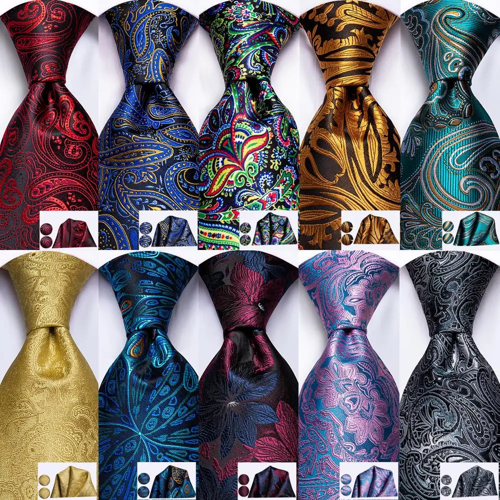 Фото Hi-Tie Red Fashion Paisley 100% Silk Men's Tie Set 8.5cm Wedding Ties For Men New Design Hanky Cufflinks Quality Necktie | Аксессуары