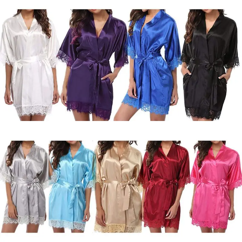 Womens Summer Ice Silk Half Sleeve Nightgown Sexy Eyelash Lace Patchwork Short Kimono Robe Solid Belted Sleepwear with Pockets
Womens Summer Ice Silk Half Sleeve Nightgown Sexy Eyelash Lace Patchwork Short Kimono Robe Solid Belted Sleepwear with Pockets