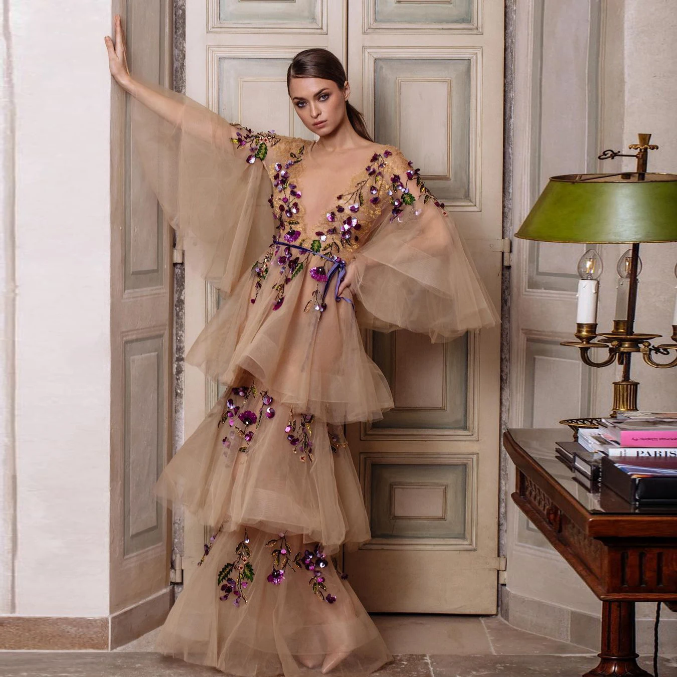 Purple Crystals Beaded Floral Dress Deep V-neck Prom Dress Ruffles Layered Tulle Dress Floor Length Long Evening Dresses Women
Purple Crystals Beaded Floral Dress Deep V-neck Prom Dress Ruffles Layered Tulle Dress Floor Length Long Evening Dresses Women