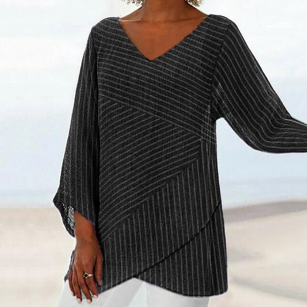 

LOOZYKIT Women Casual Loose V Neck Blouse Striped Irregular Long Sleeve Shirts Female 2019 New Arrival Fashion Tunic Tops Blouse