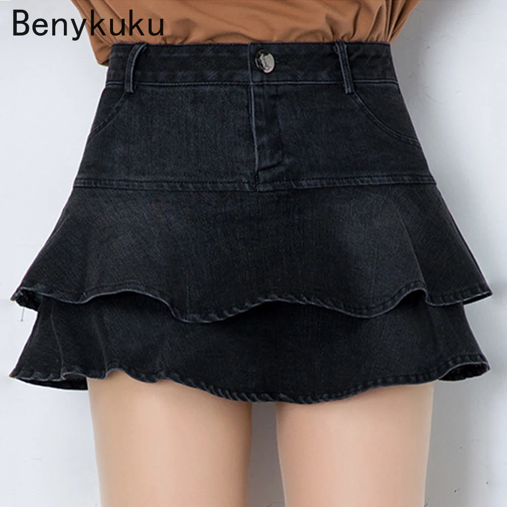 

Black Denim Pleated Skirts 2021 Japanese Harajuku Style Girl High Waist Ruffles Cute Preppy Style Sweet Mini Shorts Skater Skirt