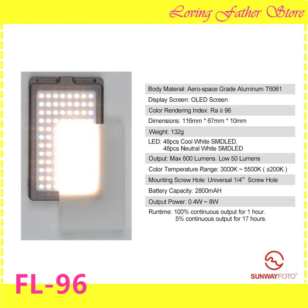 SUNWAYFOTO FL-96 Photography Fill Light OLED Display Screen Built-in Li-ion Battery
SUNWAYFOTO FL-96 Photography Fill Light OLED Display Screen Built-in Li-ion Battery