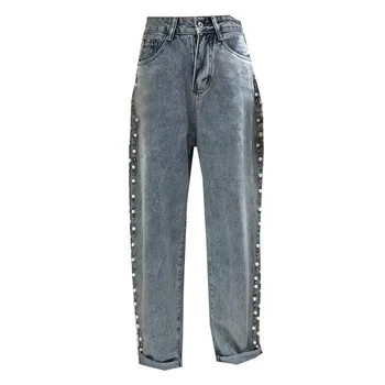 

LANMREM new spring and summer korean styles girl's clothing pearl beading ligh blue jeans female full length pants WL55705XL