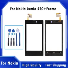 Panneau d'écran tactile avant en verre avec cadre, 100% testé, pour Nokia Lumia 520=