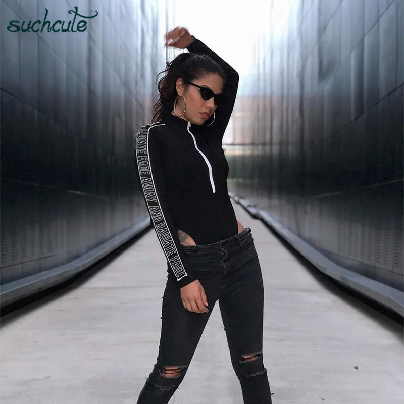 

SUCHCUTE Modies Body Overalls For Women With Zipper Black Bodysuit Autumn 2019 Skinny Female Playsuit Macacao Feminino Rompers