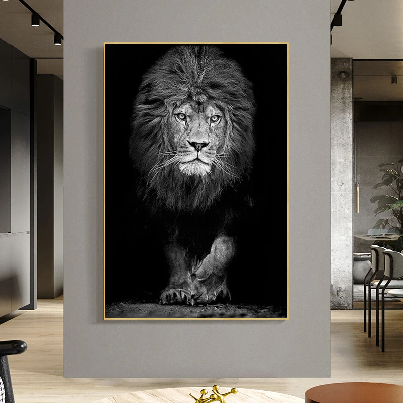Картина на холсте с черно-белым львом и животными плакаты принты настенное